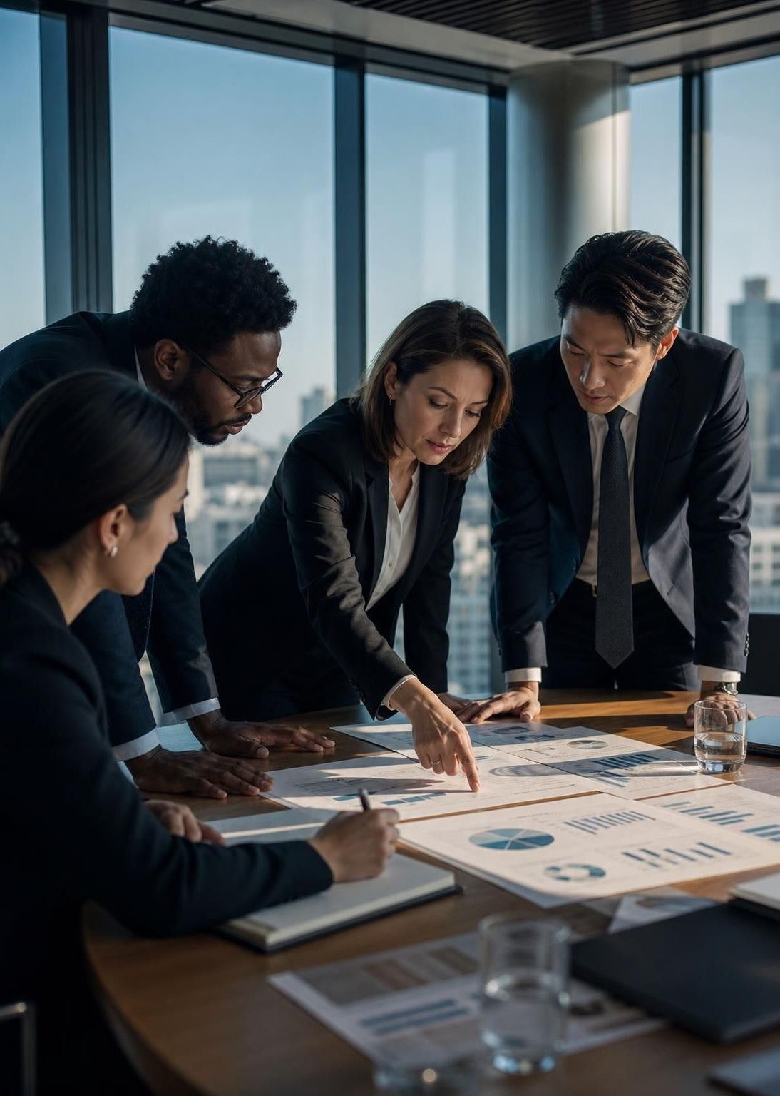 A leadership team reviewing performance charts around a boardroom table