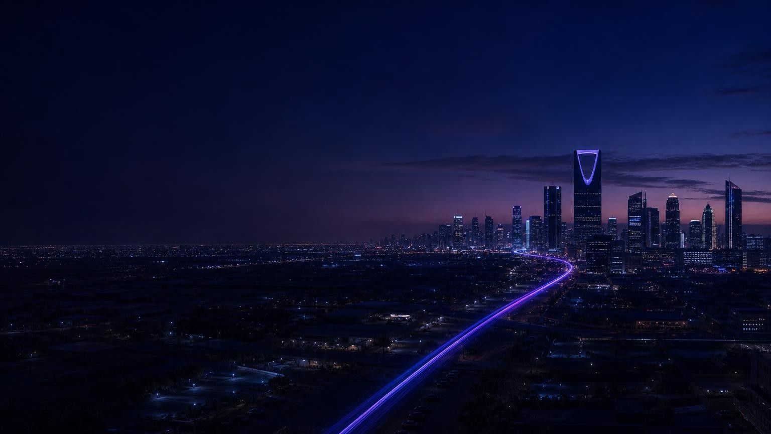 Riyadh skyline at dusk with a glowing violet road winding into the city