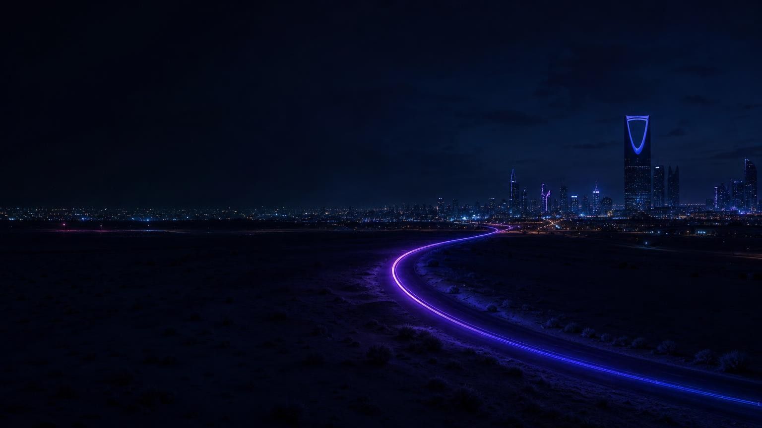 Riyadh skyline at night with a glowing violet road leading into the city
