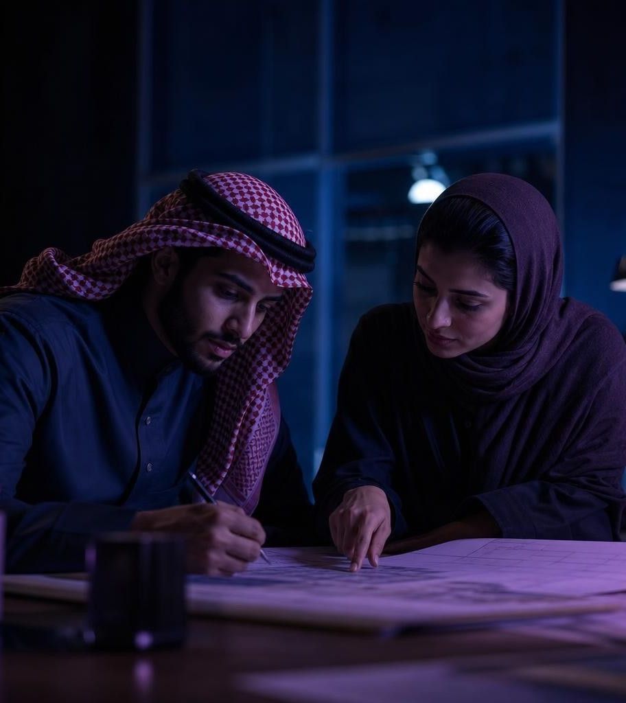 Two colleagues in traditional Saudi dress working over plans at a desk