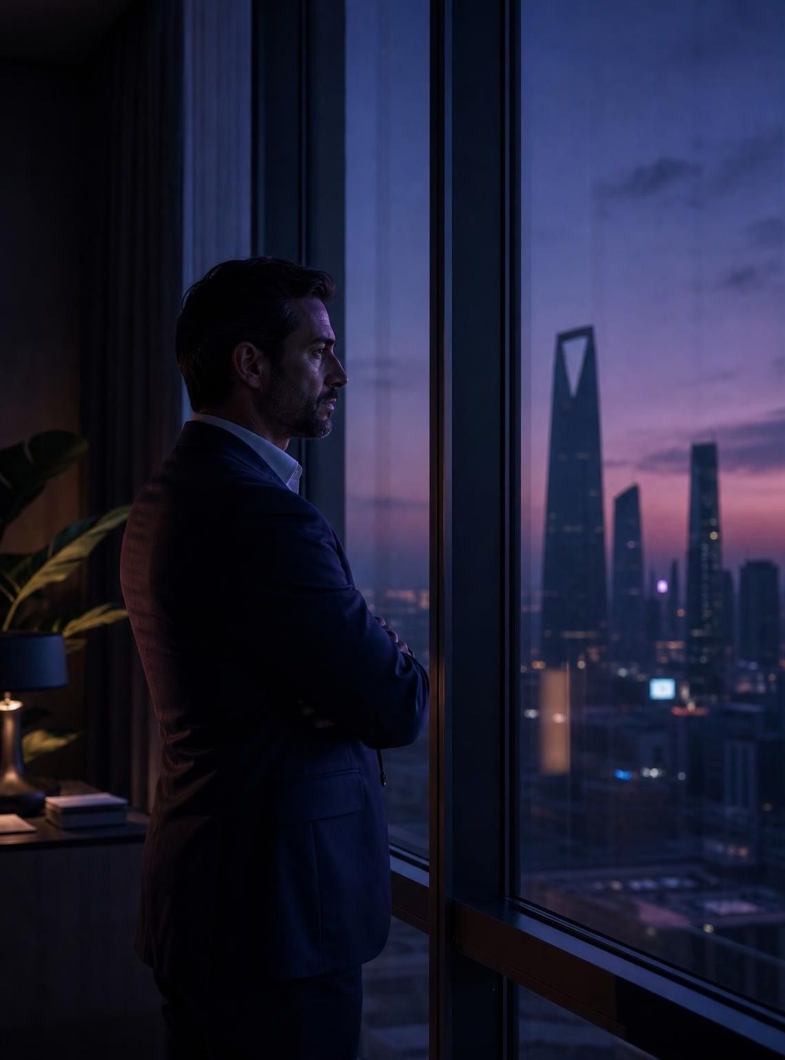 An executive looking out over the Riyadh skyline at dusk