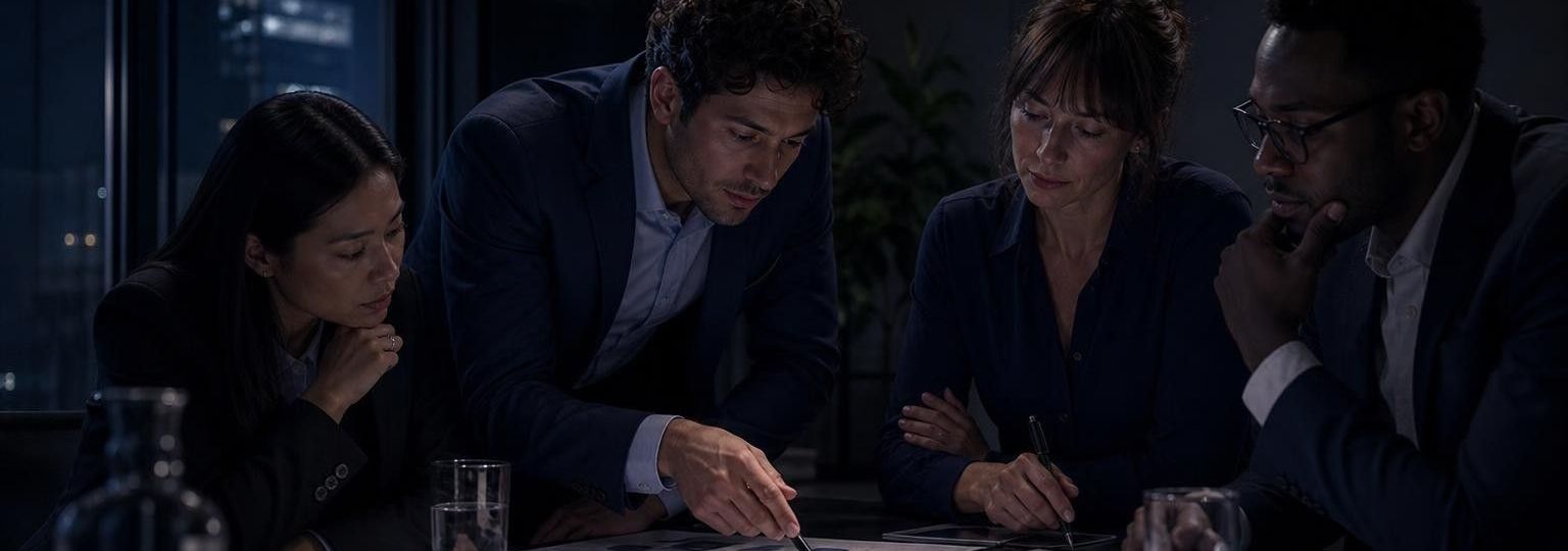 Four colleagues reviewing documents together around a table at night